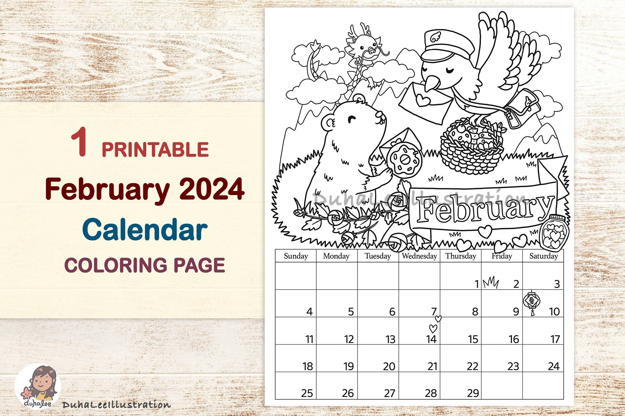 Printable february calendar coloring page valentines day coloring sheet lunar new year kids activity school craft digital download