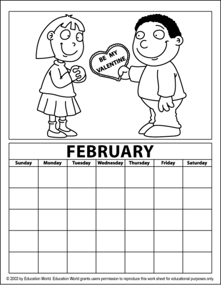 February coloring calendar education world