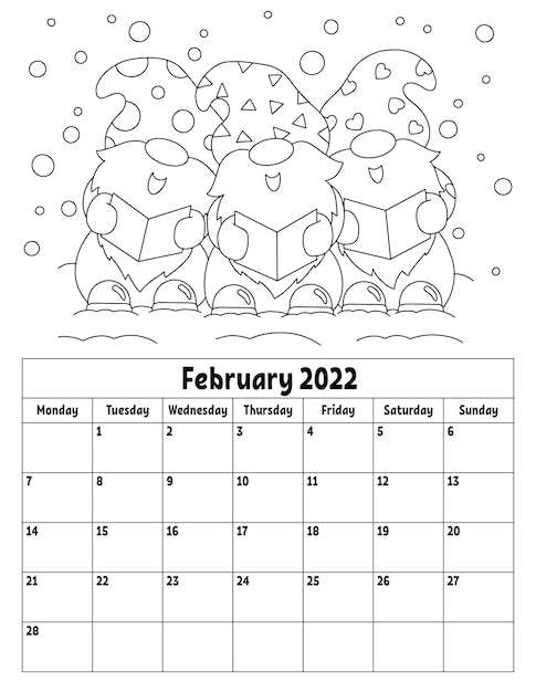 Premium vector vertical calendar for with a cute character coloring page for kids week starts on monday isolated vector illustration cartoon style