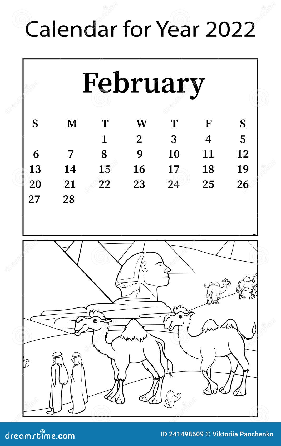 Calendar for month of february vector coloring book desert camels sand and pyramids stock vector
