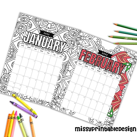 Printable pattern coloring calendar printable calendar instant digital download diy printable coloring page