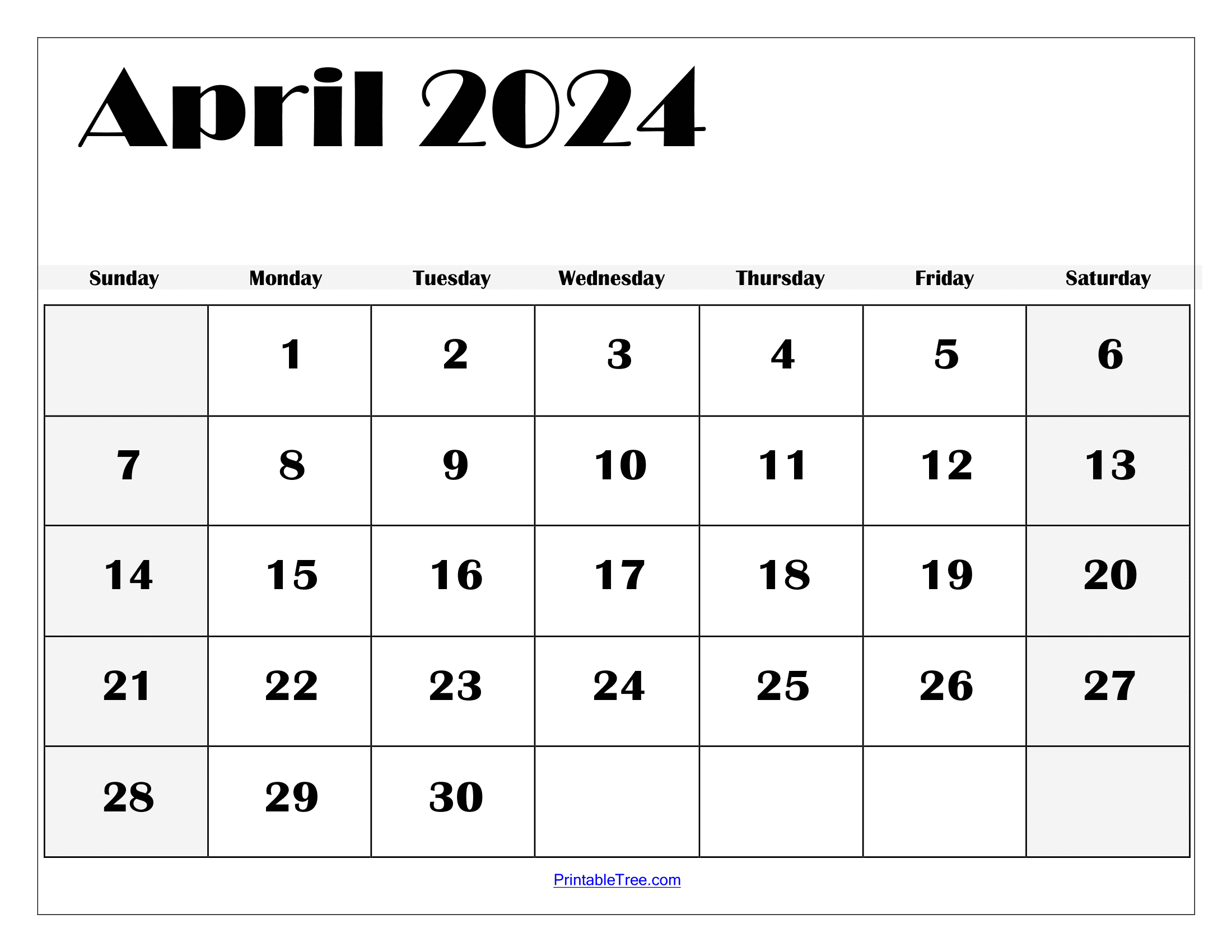 Blank april calendar printable pdf template with holidays