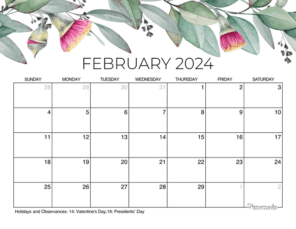 February calendar free printable with holidays