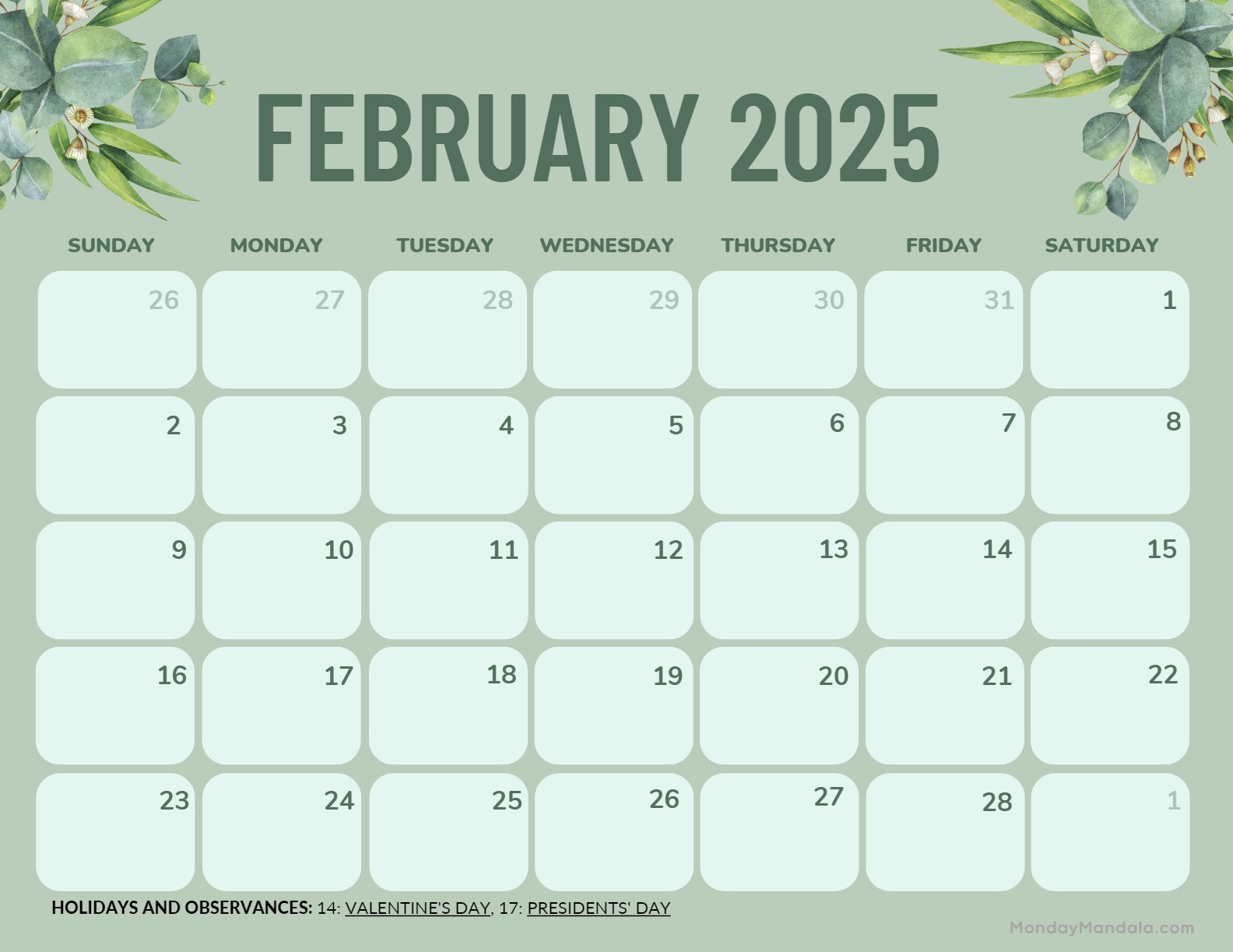February calendar free pdf printables