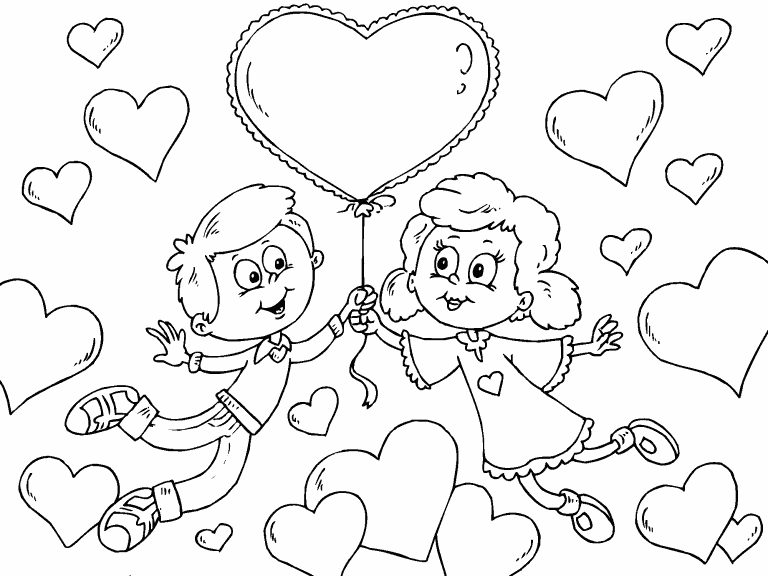 Free coloring page feb kids with heart balloon
