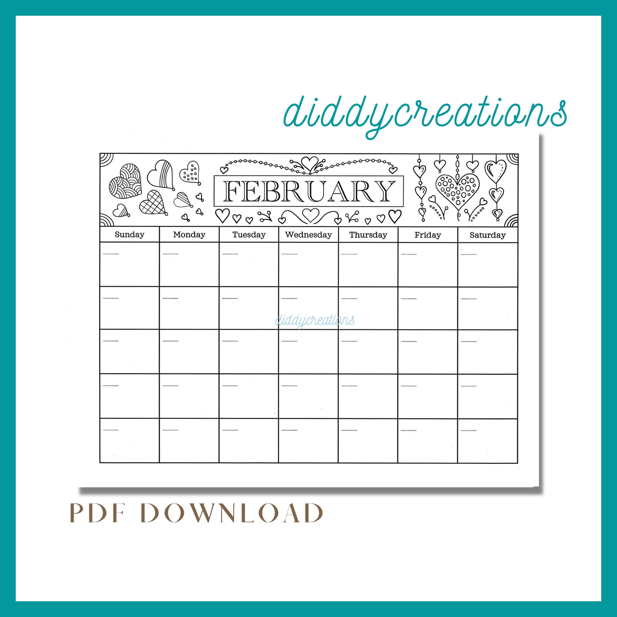 February monthly calendar page coloring page pdf digital download printable adult coloring page x