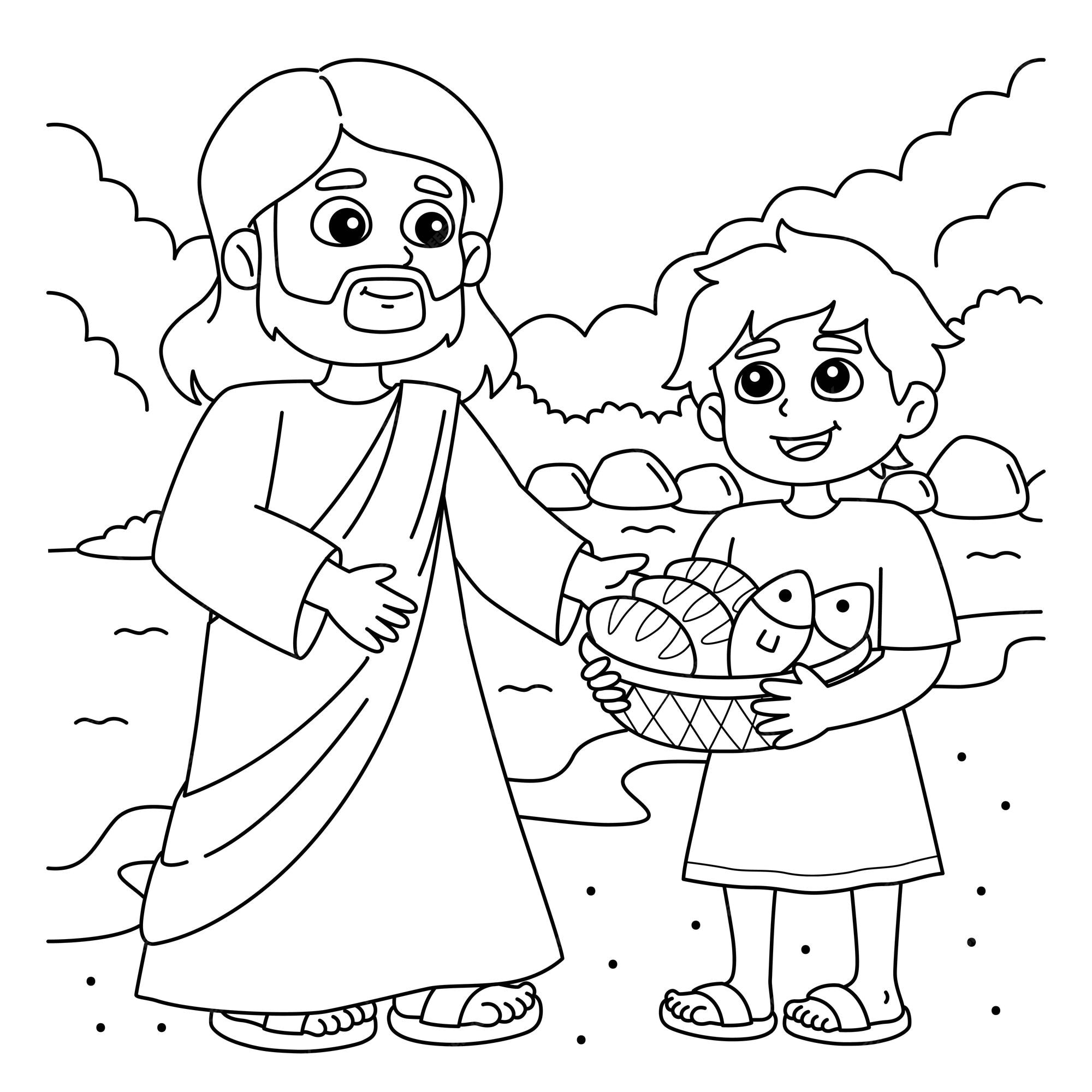 Premium vector christian jesus feeds people coloring page