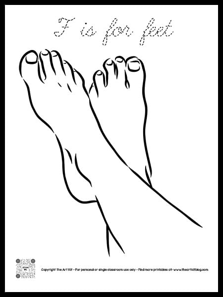 Letter f is for feet coloring page free printable cursive font â the art kit