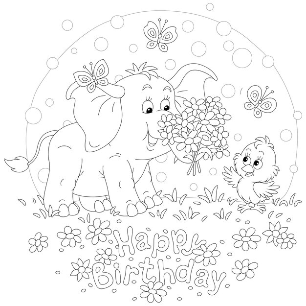 Cartão de aniversãrio um bebãª elefante dando um buquãª de flores de verão para um pintinho feliz vetor premium