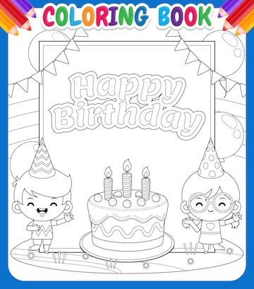 Libro de colorear para niãos lindo nião y niãa con gran pancarta de feliz cumpleaãos vector premium