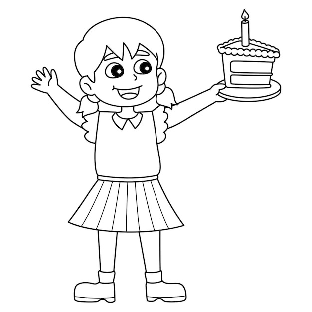 Premium vector a cute and funny coloring page of a girl holding a happy birthday cake provides hours of coloring fun for children color this page is very easy suitable for