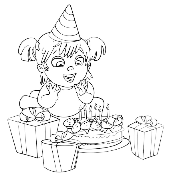 Premium vector little girl having fun celebrating her birthday lots of gifts and cake coloring book vector illustration isolated on white background