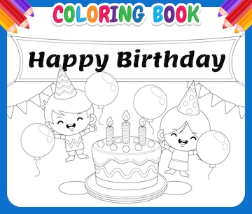 Premium vector coloring book for kids happy boy and girl around birthday cake