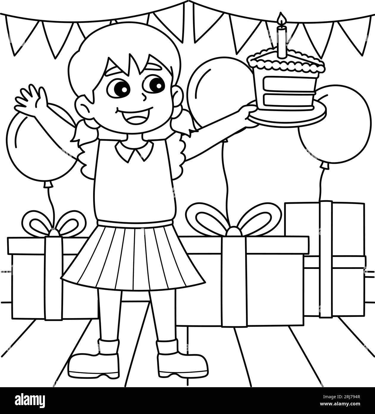 Chica sosteniendo feliz cumpleaãos pastel para colorear pãgina imagen vector de stock