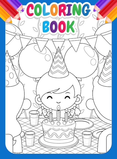 Premium vector coloring book for kids happy family celebrating cute girl birthday