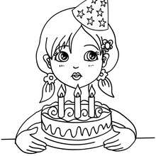 Girl blowing her birthday cake candles coloring pages