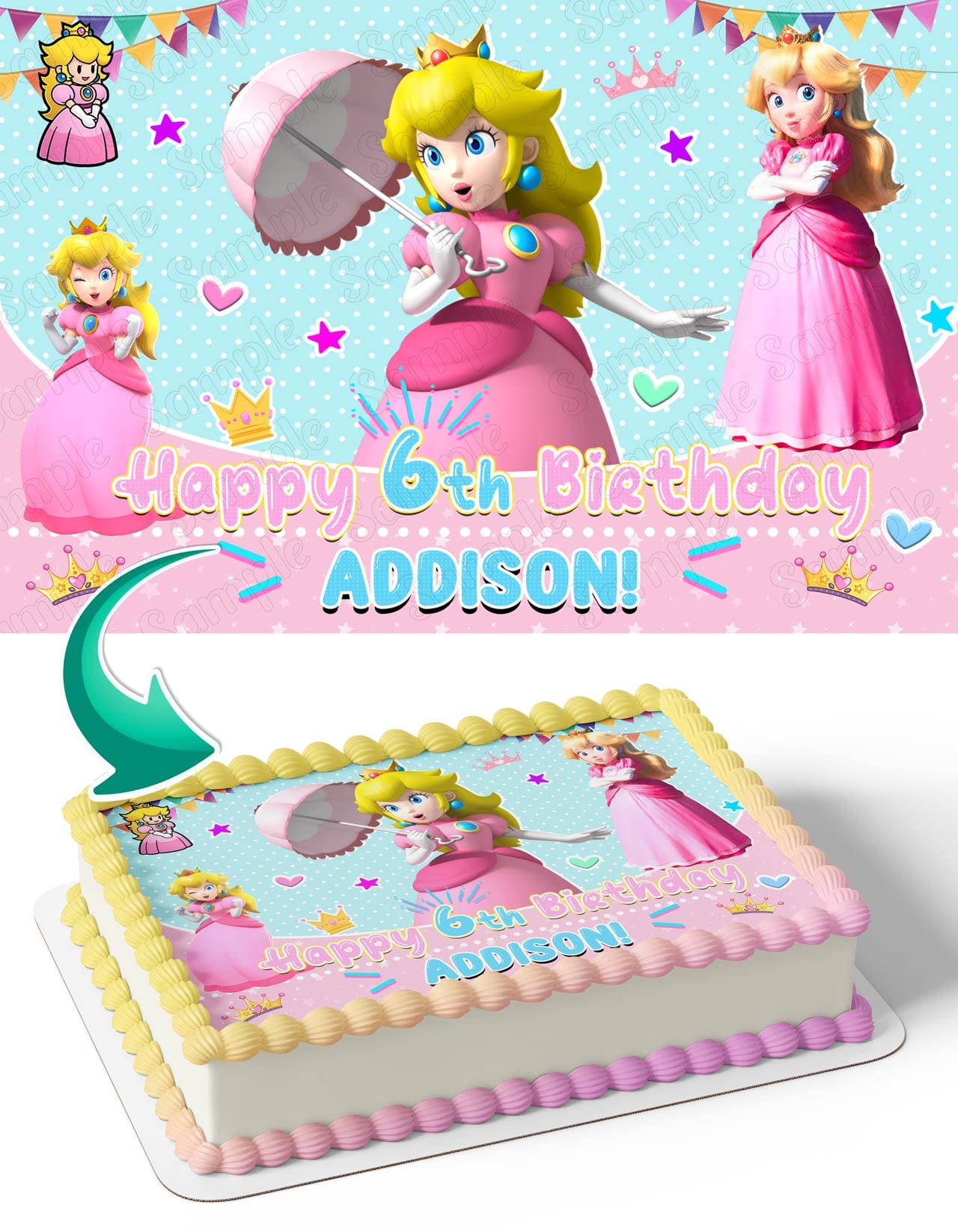 Cakecery princess peach edible cake image topper birthday cake banner sheet grocery gourmet food