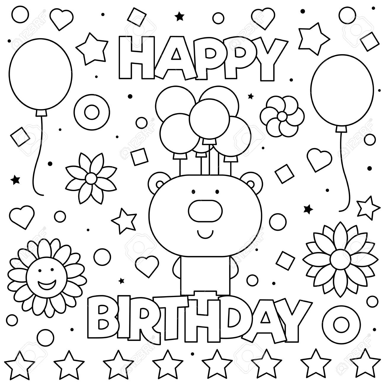 Happy birthday coloring page black and white vector illustration royalty free svg cliparts vectors and stock illustration image