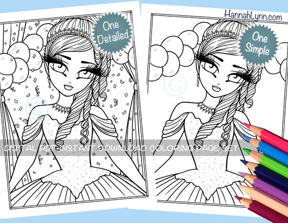 Conjunto de pãginas para colorear de quinceaãera feliz cumpleaãos princesa adorable fiesta chica caprichosa arte lineal hannah lynn