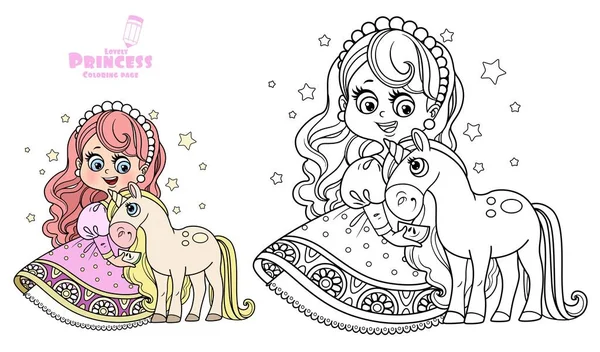 Hermosa princesa montado color caballo imagen delineada para colorear libro vector de stock por yadviga