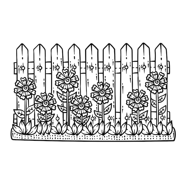 Premium vector fence with flower spring coloring page for adults