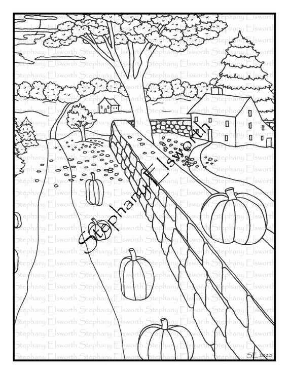 Saltbox house and rock fence x printable instant download coloring page