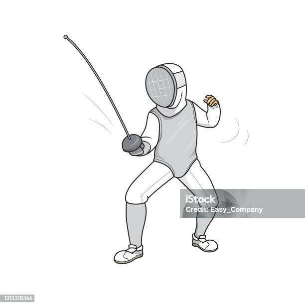 Vector illustration of athlete in fencing outfit with mask and sword isolated on white background kids