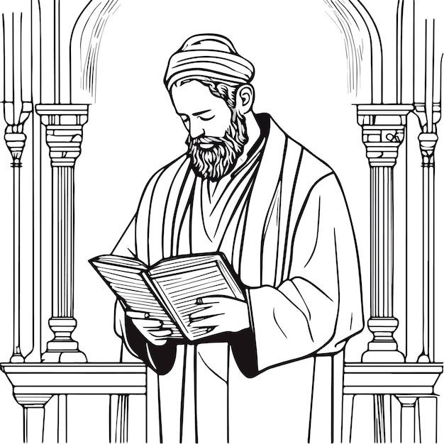 Posiãão de personagem judeu de desenho animado imagens planas do interior interno do templo da sinagoga ilustraãão vetorial de carãter humano rabino conceito de feriados judaicos vetor premium