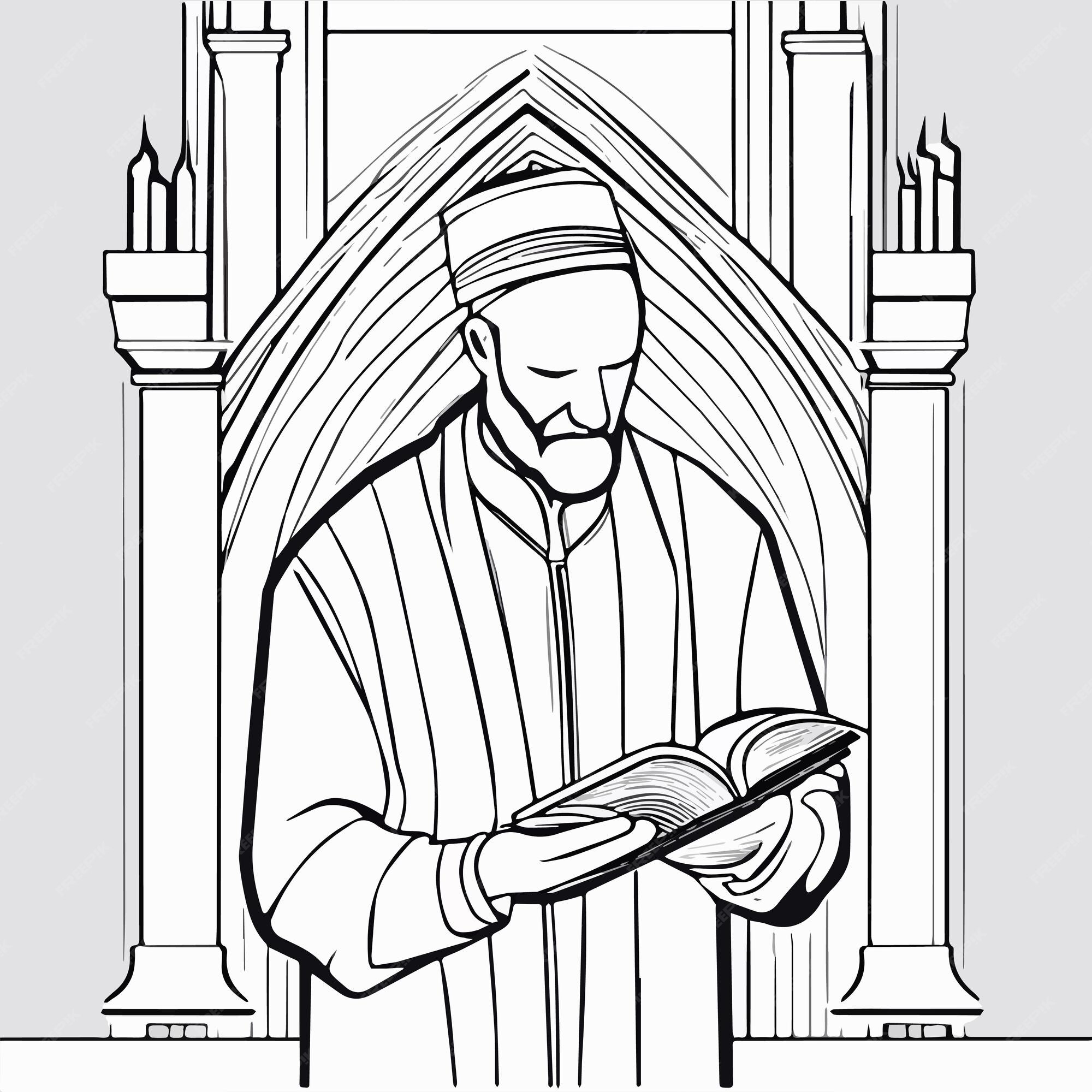 Posiãão de personagem judeu de desenho animado imagens planas do interior interno do templo da sinagoga ilustraãão vetorial de carãter humano rabino conceito de feriados judaicos vetor premium