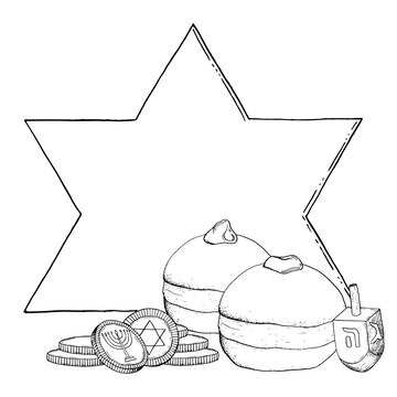 Template vetorial de hanukkah feliz donuts para feriado judaico ilustraãão vetorial em preto e anco vetor premium