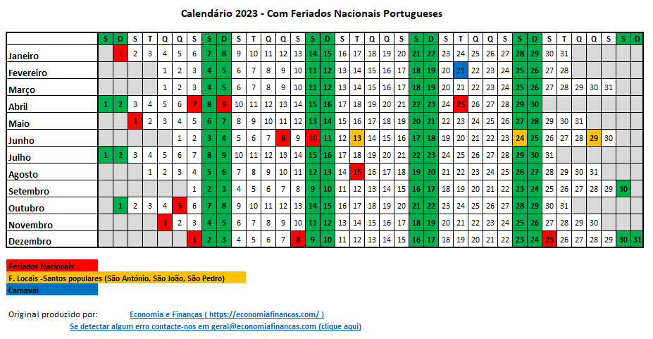 Calendãrio em excel feriados