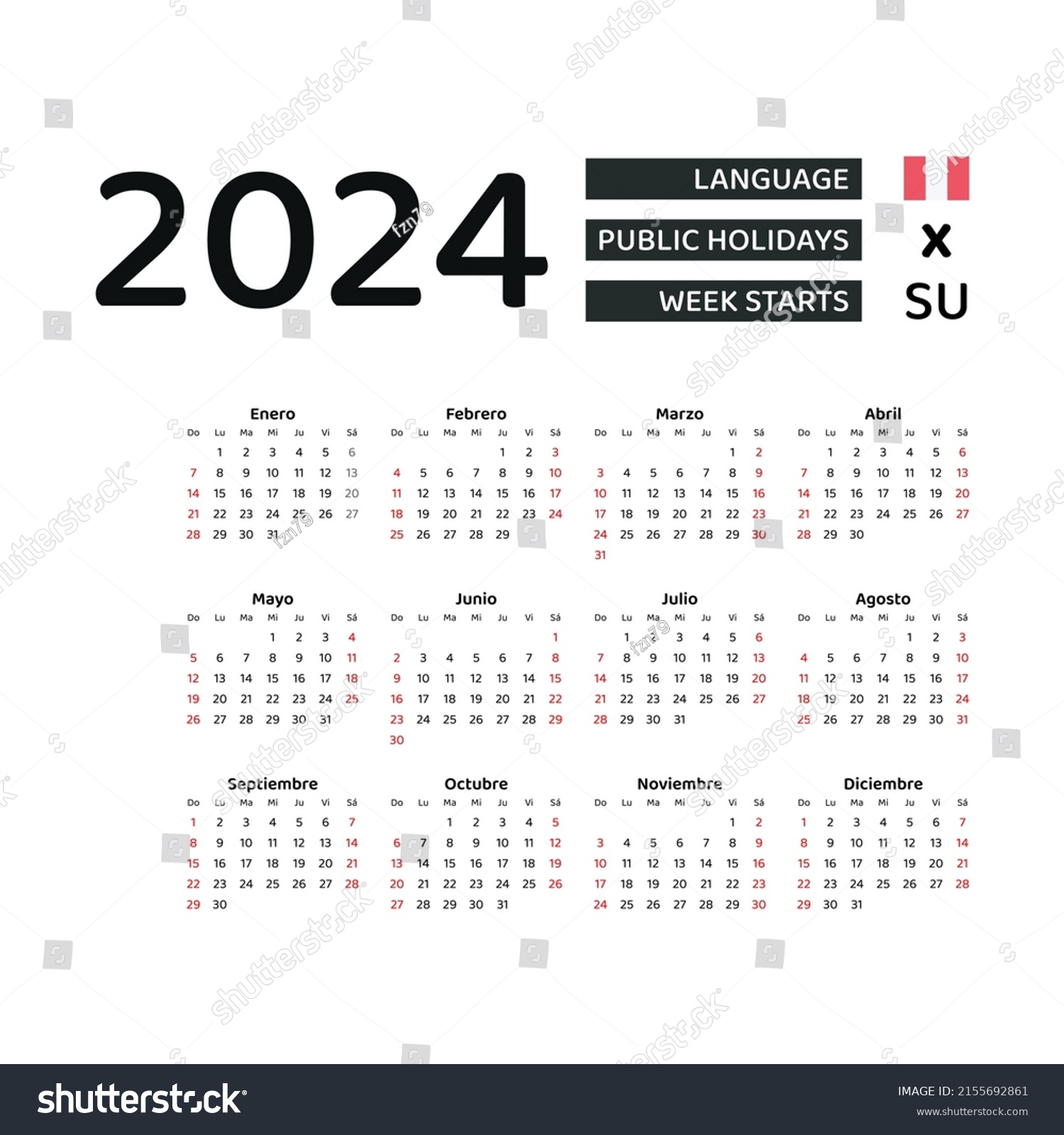 Peru calendar week starts sunday stock vector royalty free