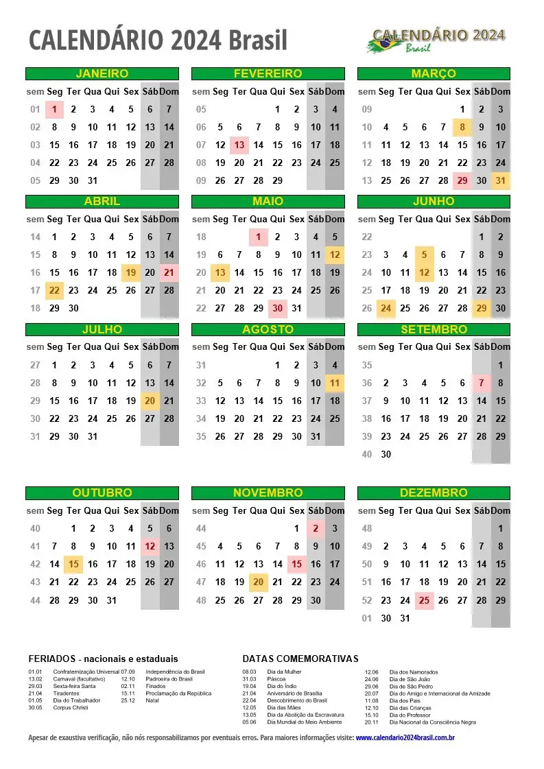 Calendãrio para imprimir feriados