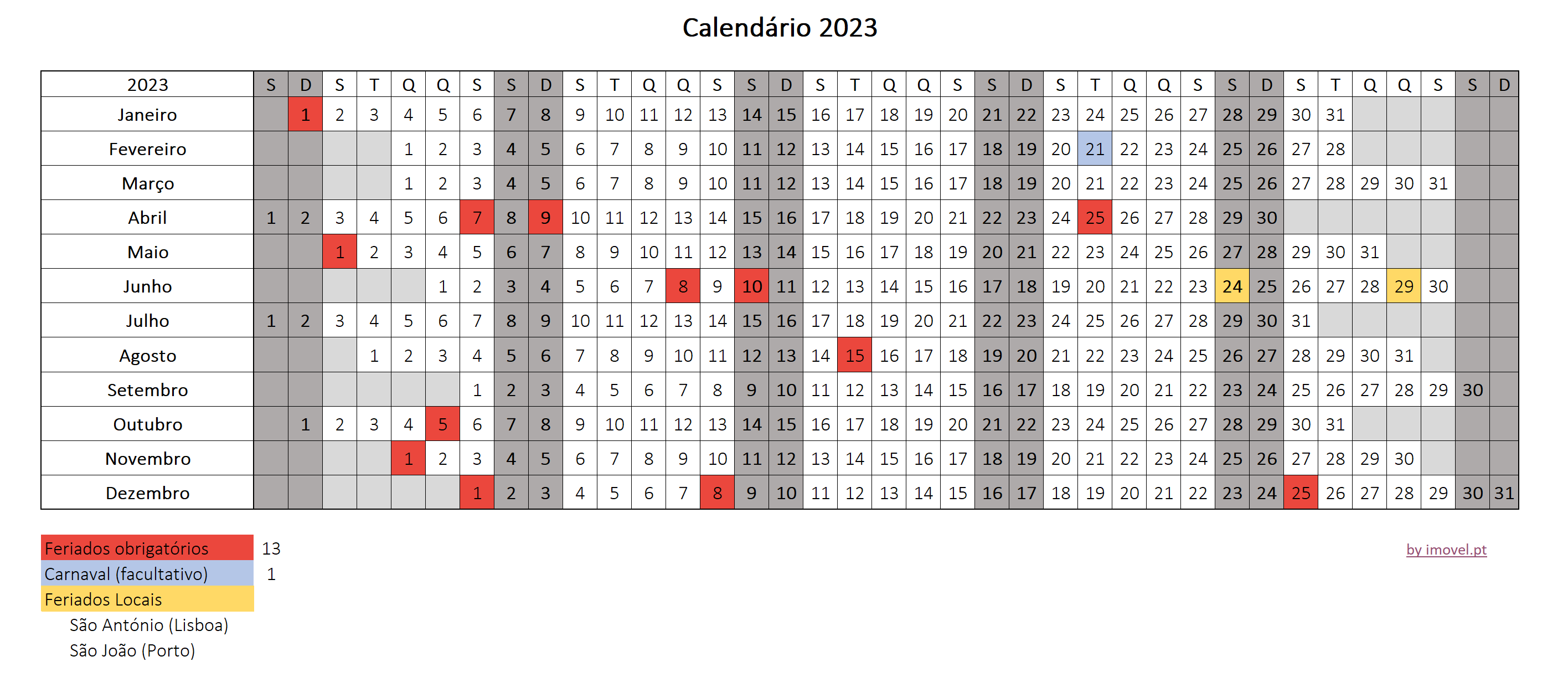 Calendãrio feriados em portugal excel para download
