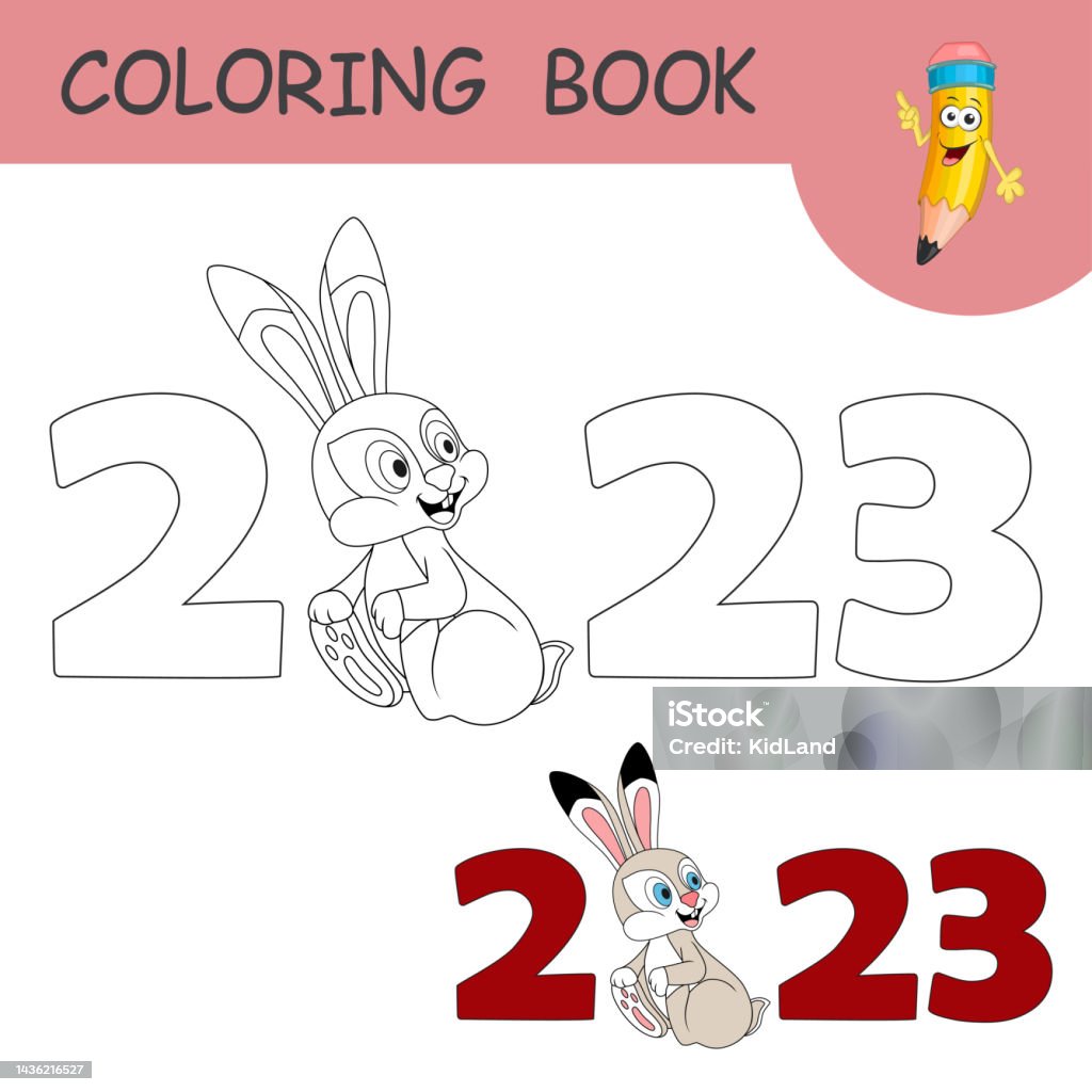 Vetores de livro de colorir desenho animado rabbit o sãmbolo do ano novo chinãªs de exemplo incolor e colorido lebre na pãgina de coloraãão silhueta de contorno preto uma