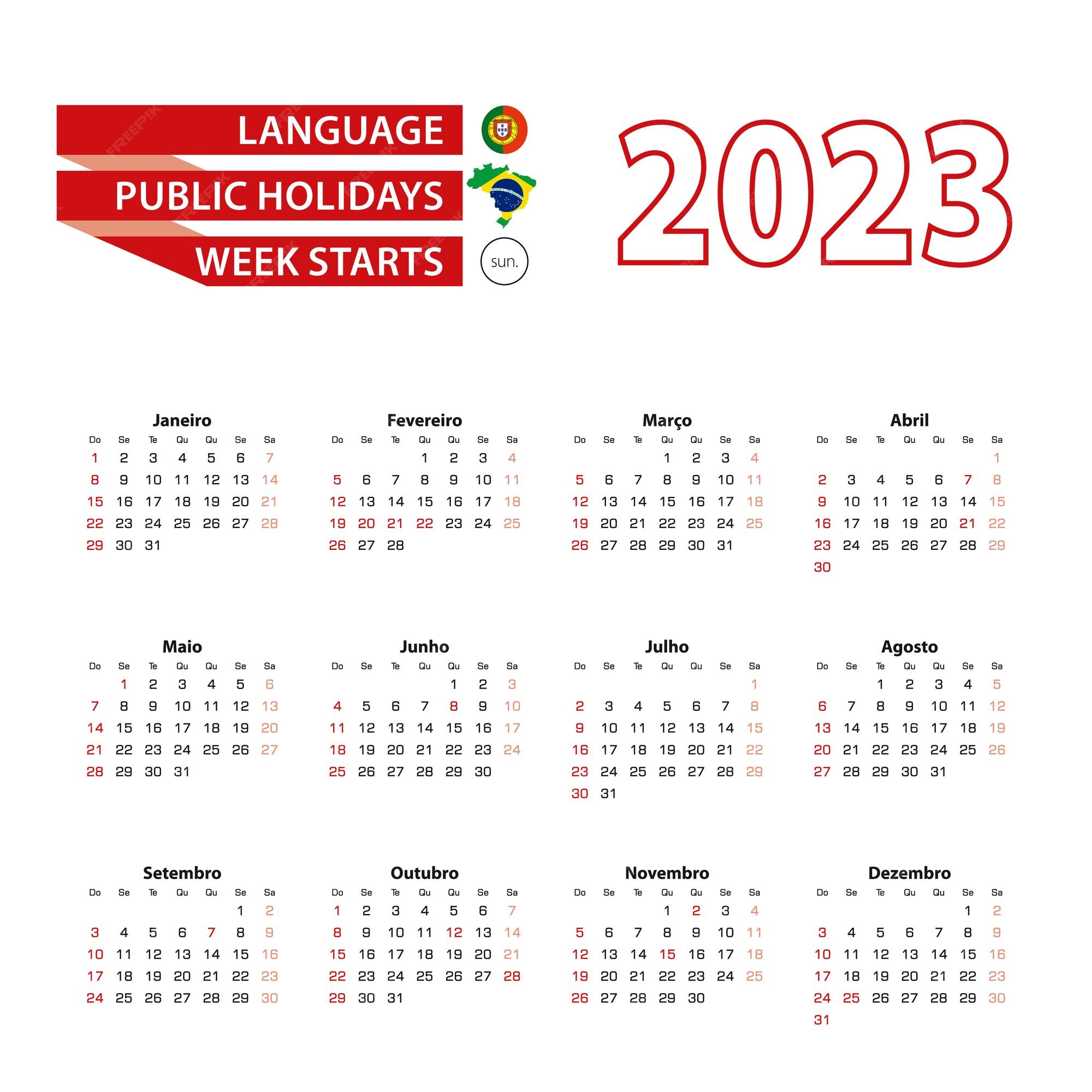 Calendario en idioma portuguãs con dãas ftivos el paãs de brasil en el aão vector premium