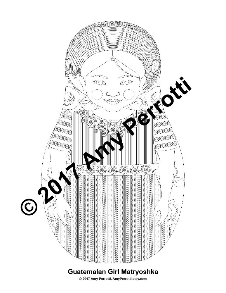 Guatemalan coloring sheet printable file traditional folk dress matryoshka doll