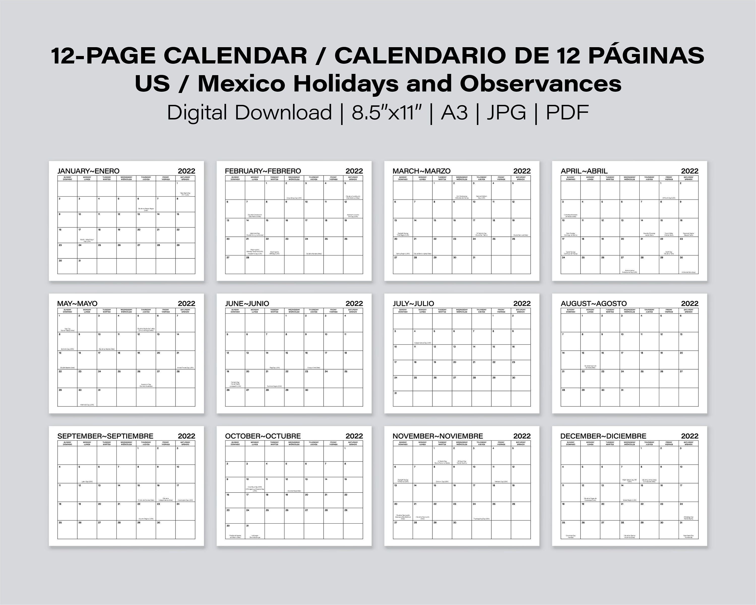 Printable bilingual monthly calendar calendario inglãs