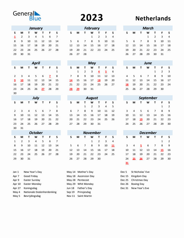 Netherlands calendar with holidays