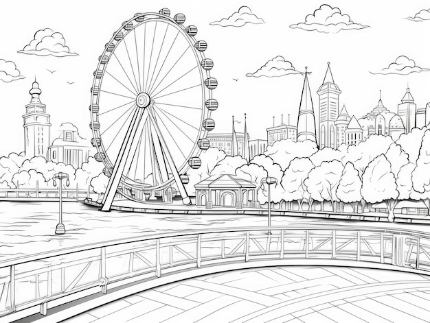 Premium ai image coloring page art a black and white coloring page featuring a detailed illustration of a ferris wheel