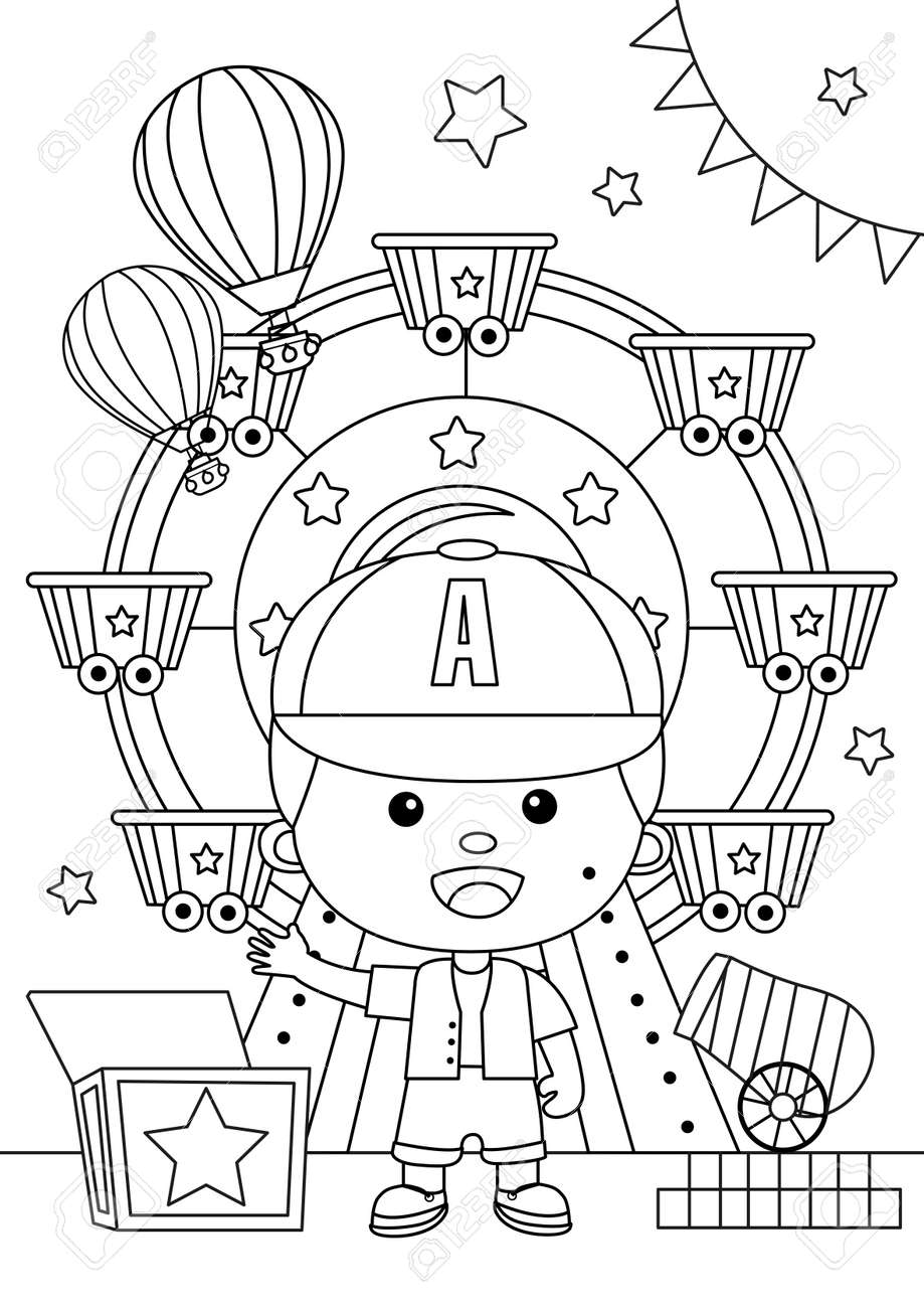 Coloring page of little boy in front of ferris wheel at amusement park royalty free svg cliparts vectors and stock illustration image