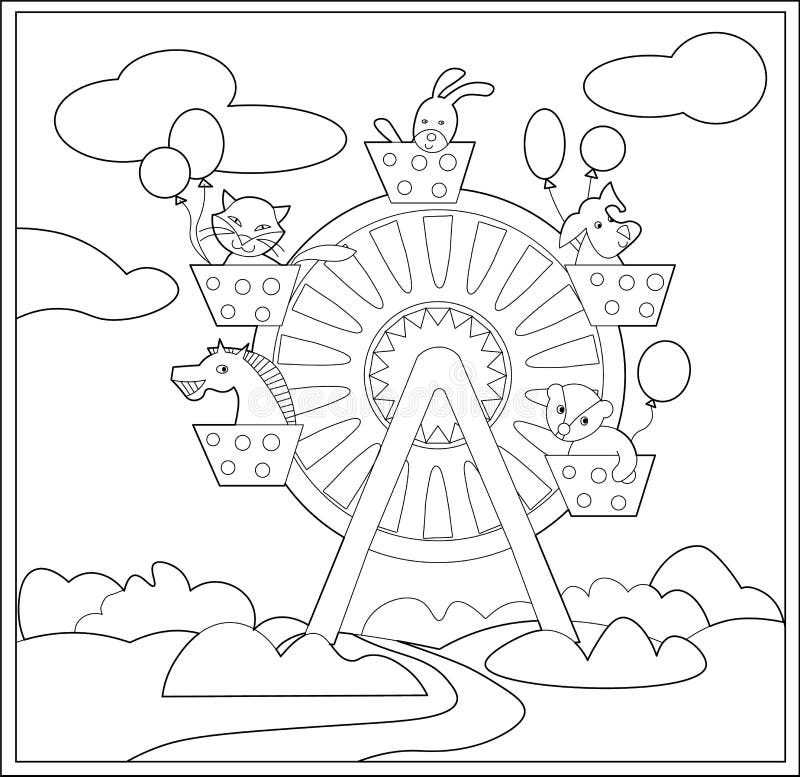 Coloring book ferris wheel in the kid park funny animals have fun on the ferris wheel stock vector