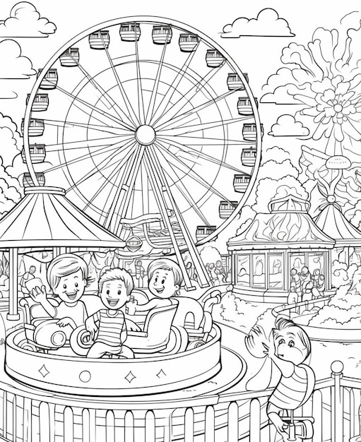 Premium ai image a coloring page of a carnival with a ferris wheel and people generative ai