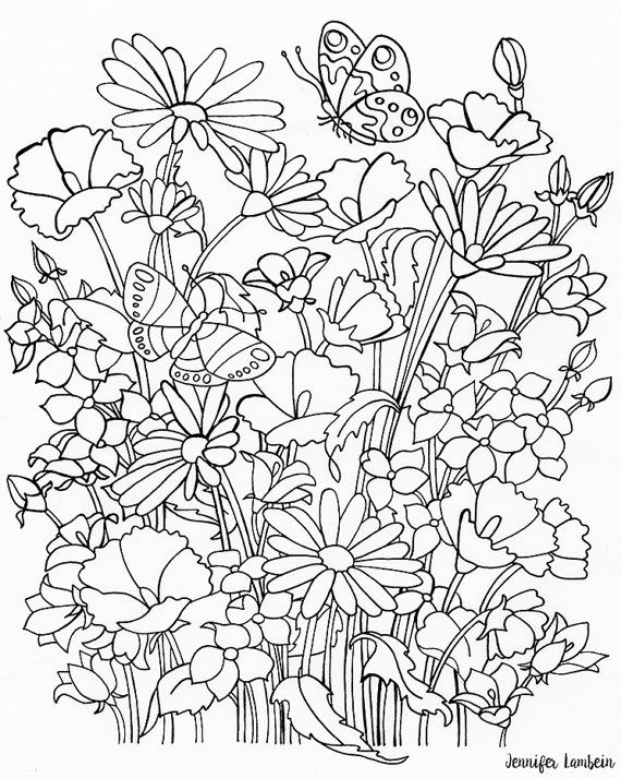 Printable coloring page flowers butterflies instant download