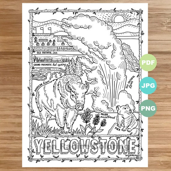 Pagina da colorare del parco nazionale yellowstone wyoming parco nazionale paesaggio animale pianta wildflower pagina da colorare stampabile