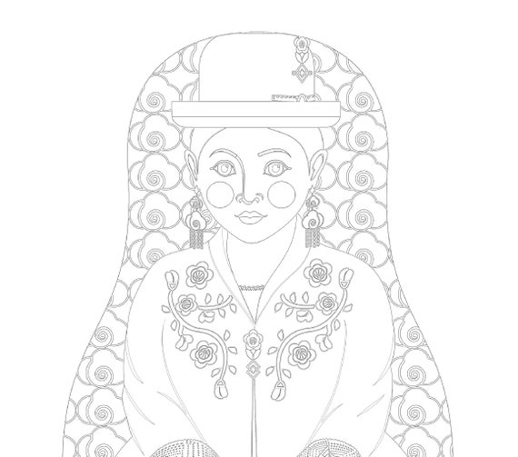 Bolivian aymara coloring sheet printable file traditional folk dress matryoshka doll