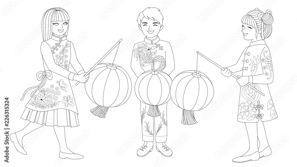 Drawing of chinese children wearing traditional costume and having fun with friends in lantern festivalfor design element cardsinvitations and coloring book page vector illustration vector