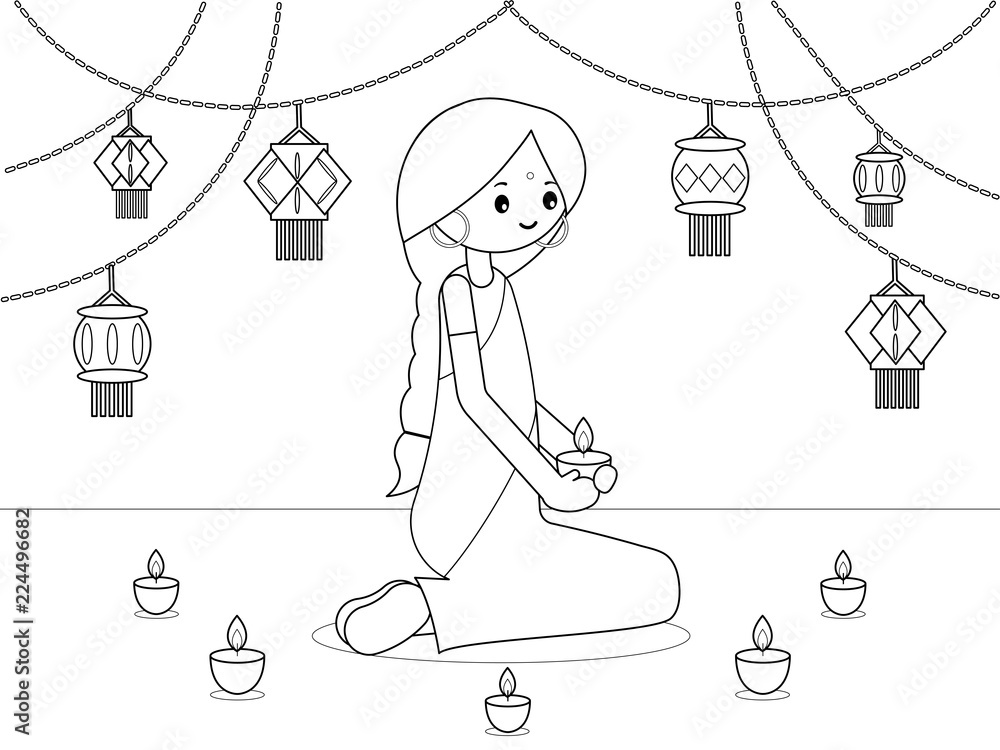Coloring page for kids diwali festival of lights indian woman with candles vector illustration vector