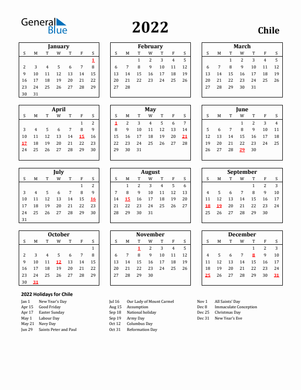 Chile calendar with holidays