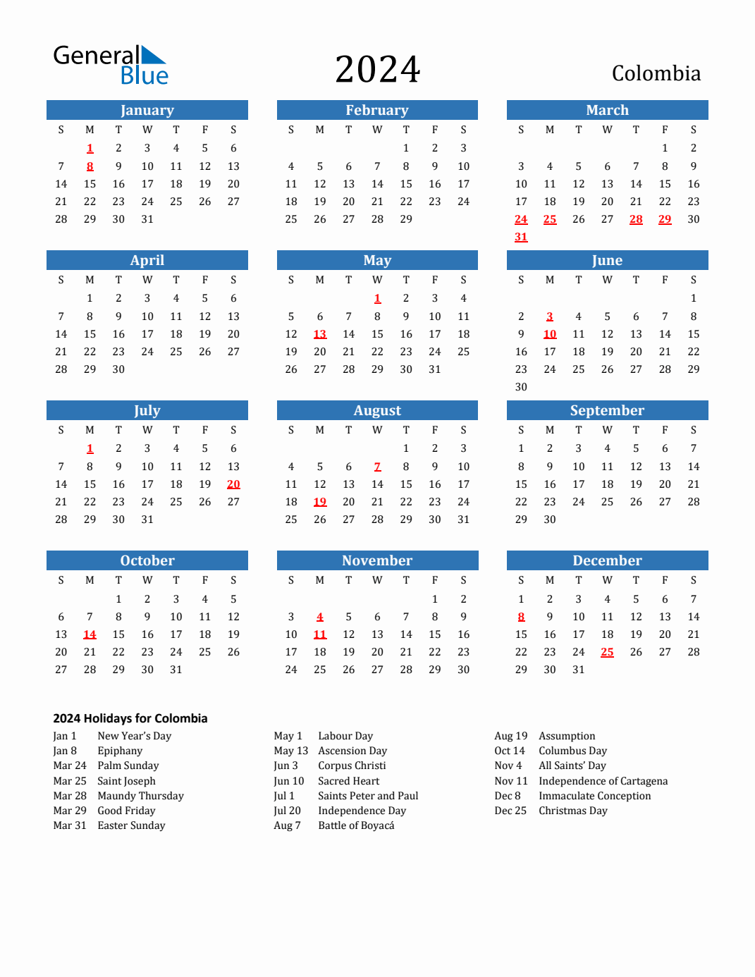 Colombia calendar with holidays